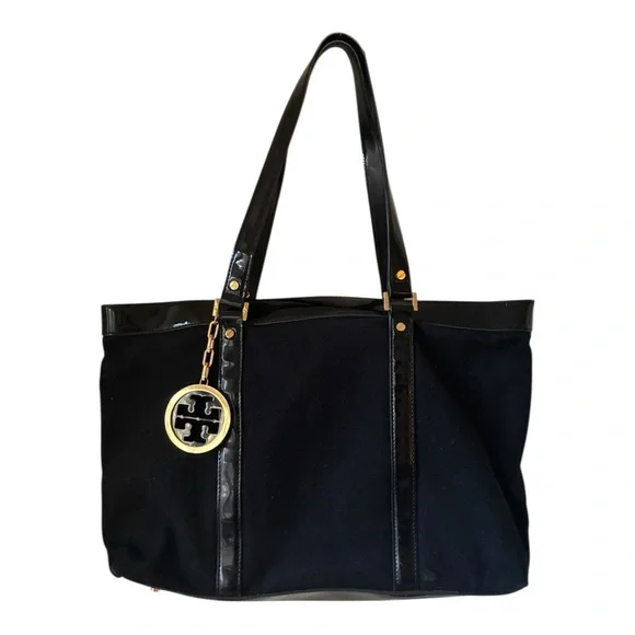 TORY BURCH Large Logo Charm Tote Black Canvas Patent Leather EUC - Picture 2 of 10